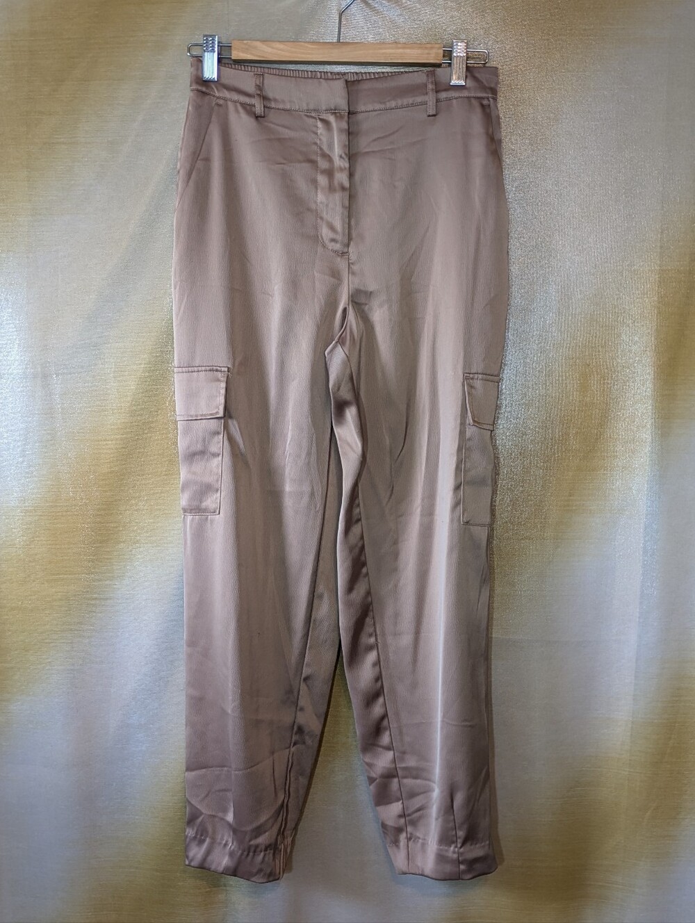 Nicole Miller Satin Cargo Pants Taupe Champagne